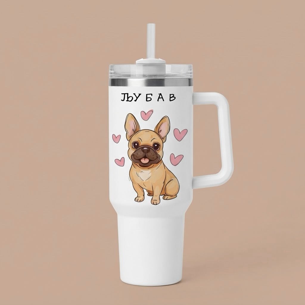 Beli veliki tumbler sa ručkom, crtežom francuskog buldoga i ćiriličnim natpisom Ljubav